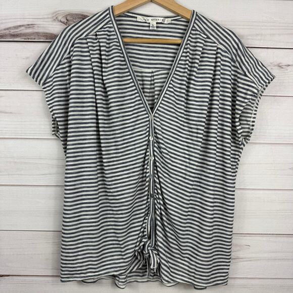 Max Studio Button Down Tie Knot Short‎ Sleeve Blouse Striped Womens L - Picture 1 of 7